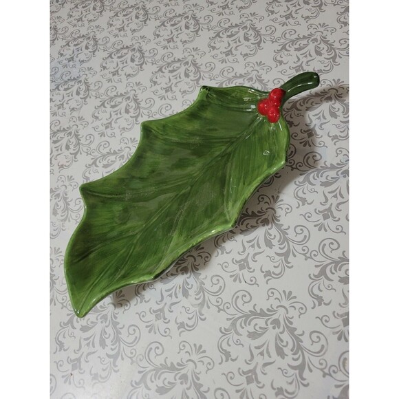 Maxcera Holly Berry  Porcelain Leaf Serving Dish 10" stem to point 5" wide. EUC - Picture 4 of 10
